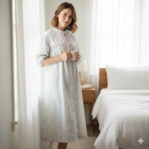 Vintage Pastel Rainbow Stripe House Dress Button Front Duster Robe Grannycore